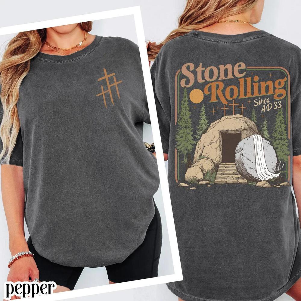 S Rolling Christian T-Shirt Trendy Stones Easter Clothing Jesus Christ 2 Sided